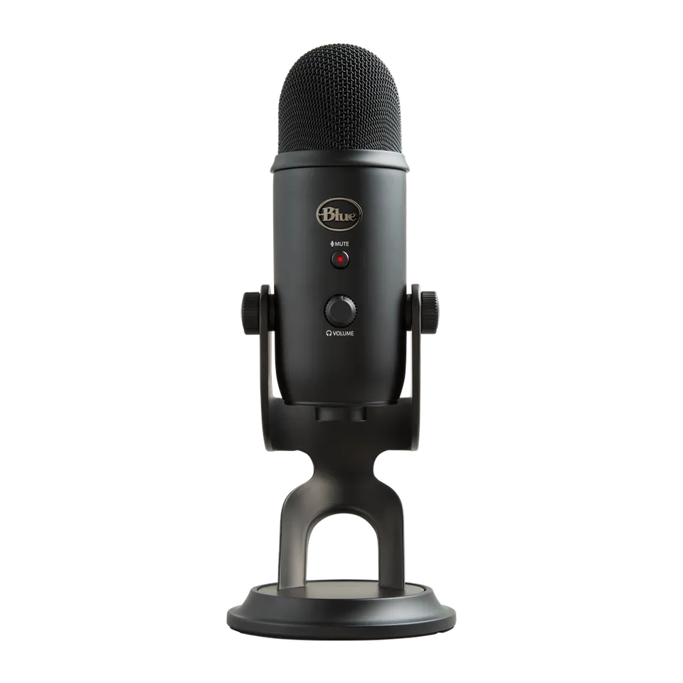 Blackout Blue Yeti USB microphone viewed from the front with its complete desktop stand.
