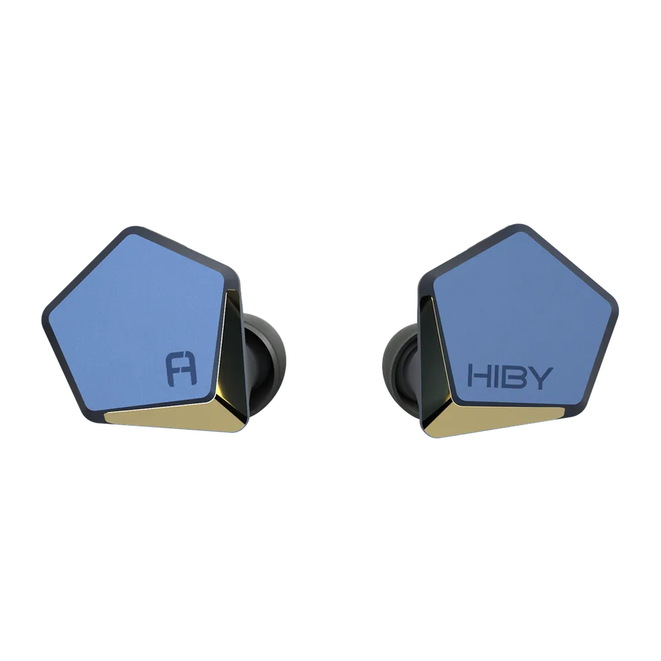 Blue and gold HiBy x FAudio Project Ace earpiece pair with black tips.