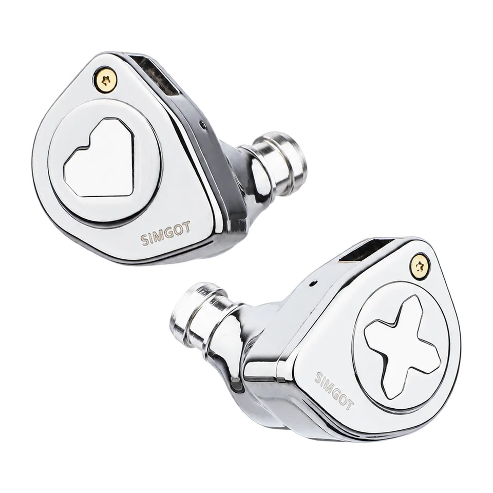Silver SIMGOT EW300 Standard Edition earpiece pair with heart and cross faceplates and bare metal nozzles.
