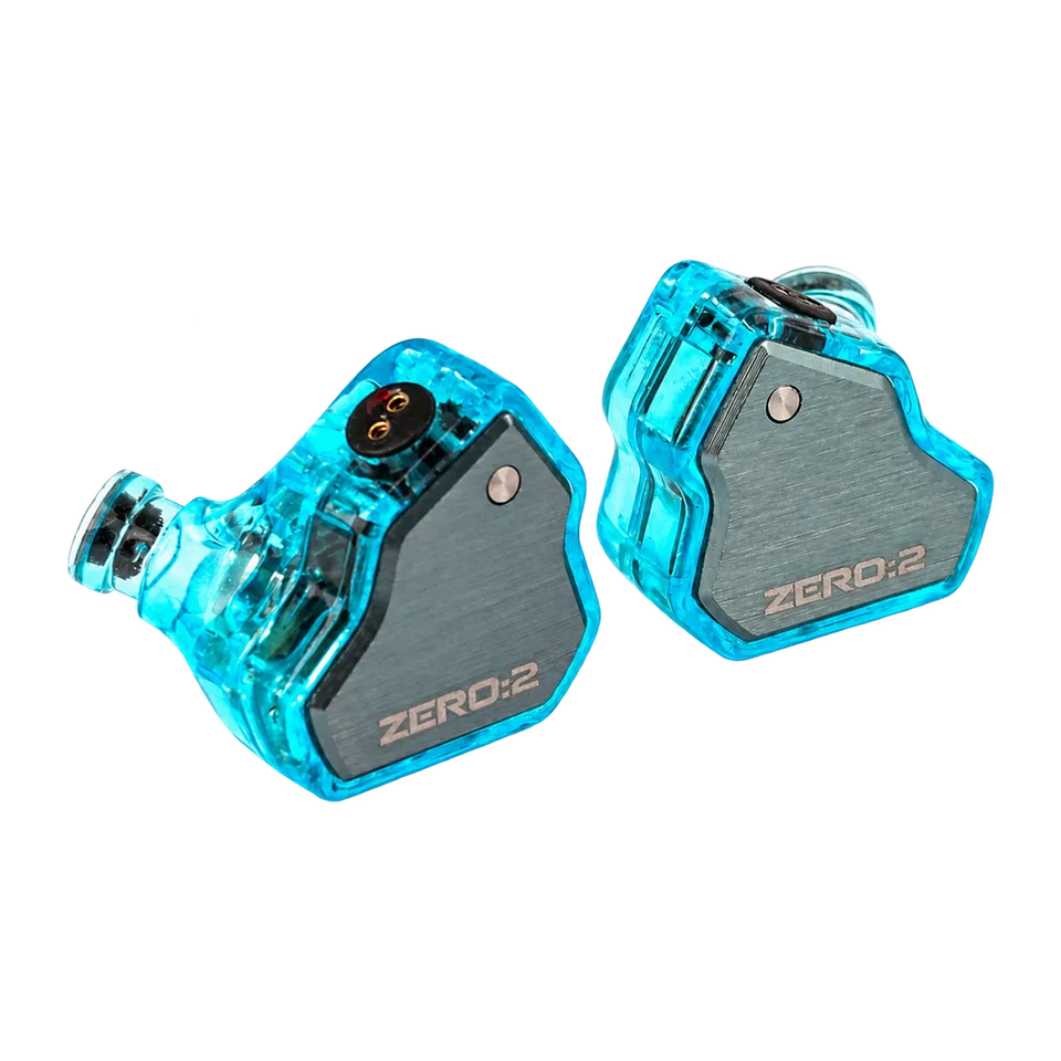 Blue translucent 7Hz x Crinacle Zero:2 earpiece pair with silver faceplates and bare nozzles.