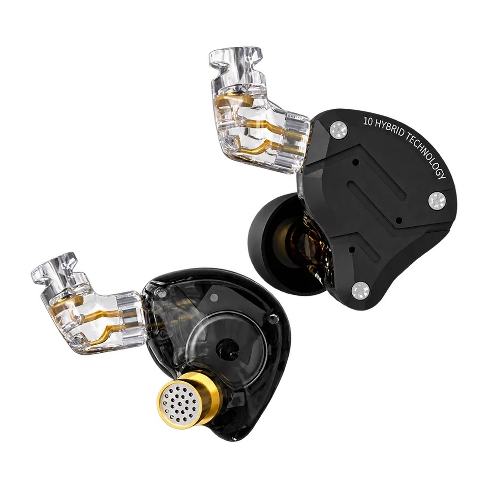 Dark Black KZ ZS10 Pro earpiece pair with black faceplate, translucent housings and existing clear connector plugs, without cable leads.