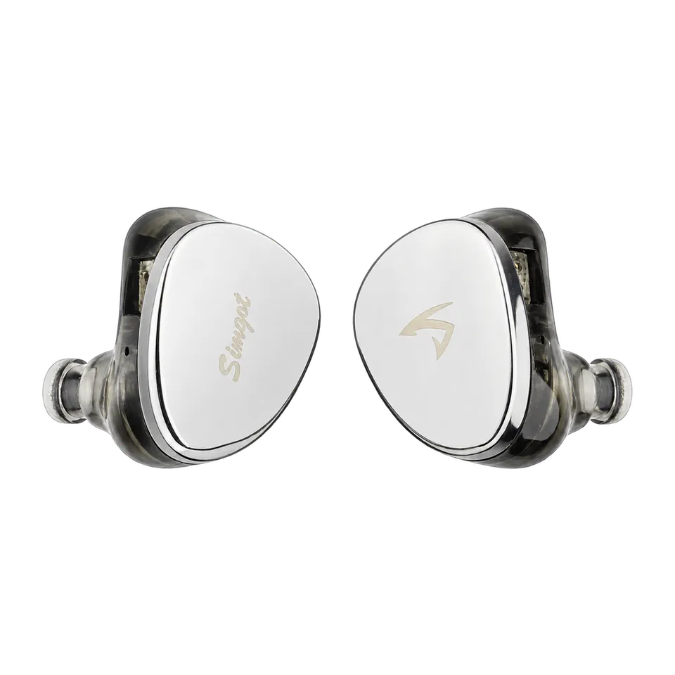 Silver SIMGOT EG280 earpiece pair viewed from the faceplates, without its detachable cable.