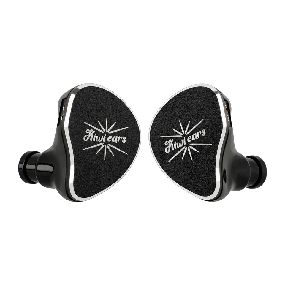 Black Kiwi Ears Belle earpiece pair with silver borders and black ear tips, viewed from the faceplates.