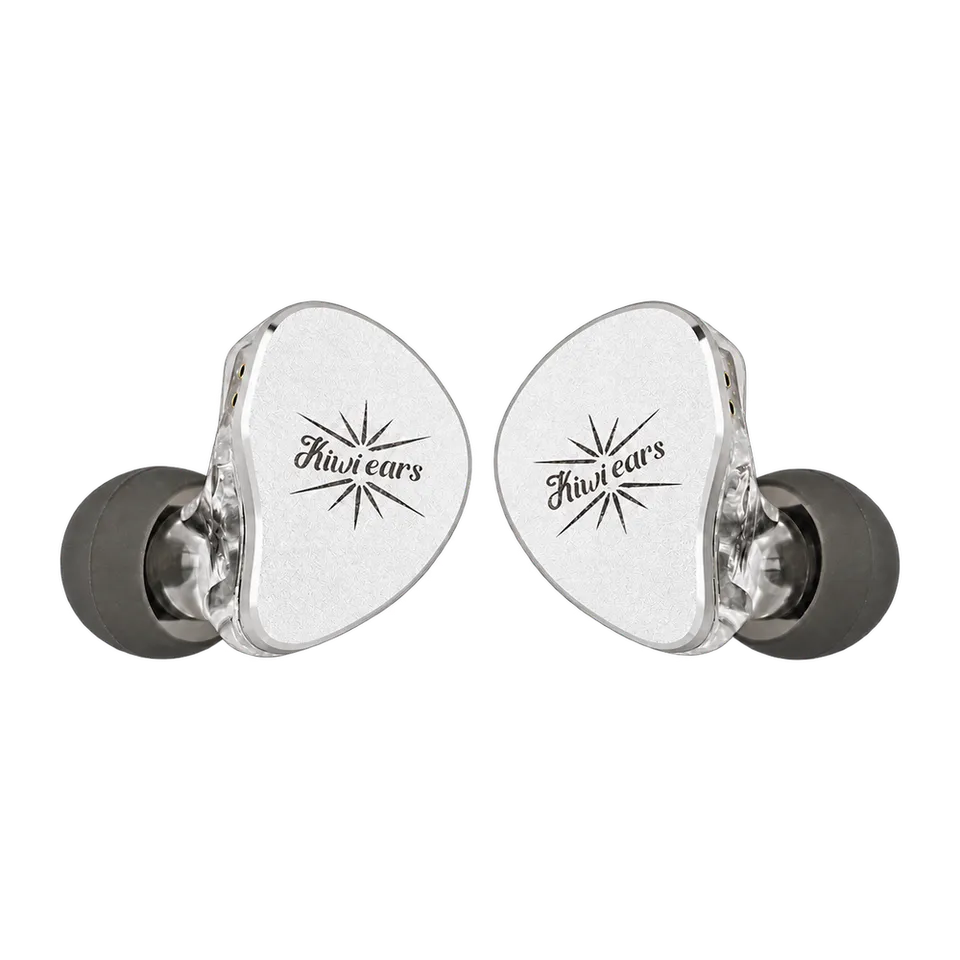Silver Kiwi Ears Belle earpiece pair with dark ear tips, viewed from the faceplates.