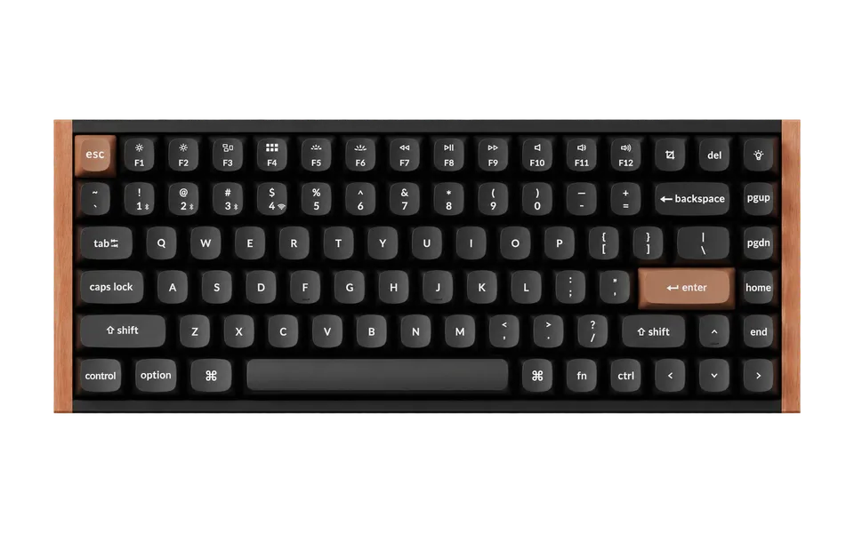 Black Keychron K2 HE keyboard with wooden side panels.