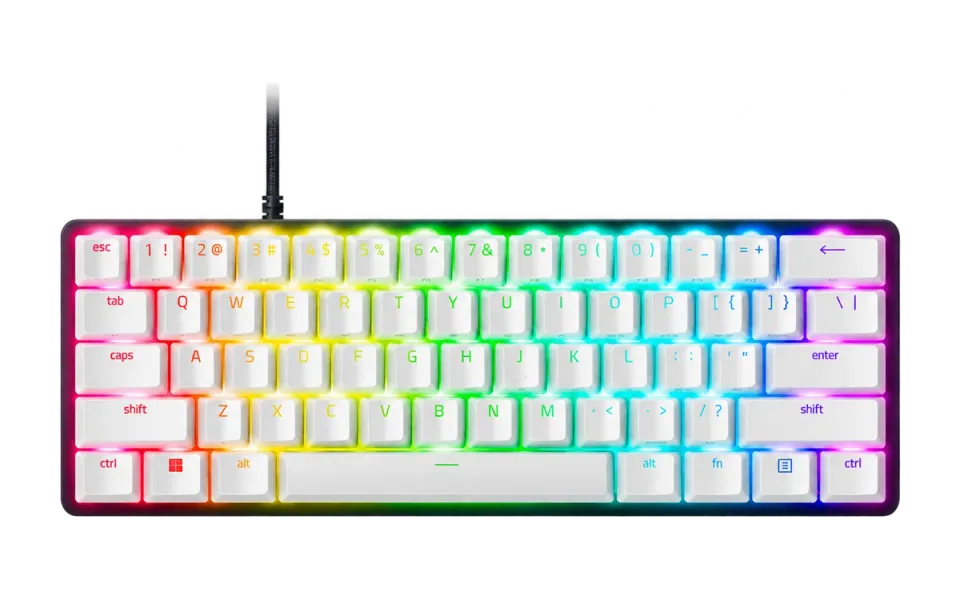 Black and white Razer Huntsman Mini Special Edition keyboard with its visible cable.