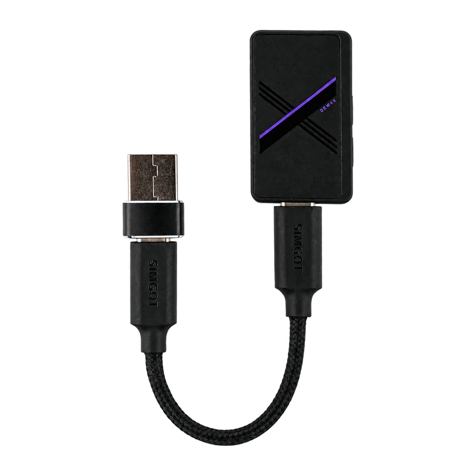 Black SIMGOT DEW4X DAC with complete U-shaped braided USB-C cable.