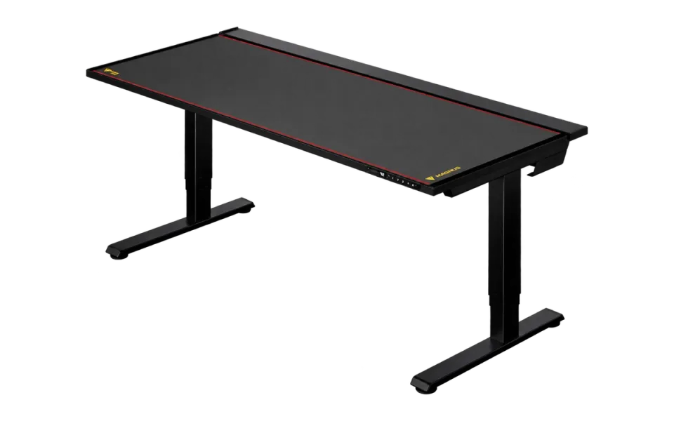 Black Secretlab MAGNUS Pro desk with Stealth leatherette mat, shown in the manufacturer’s shared family three-quarter view.