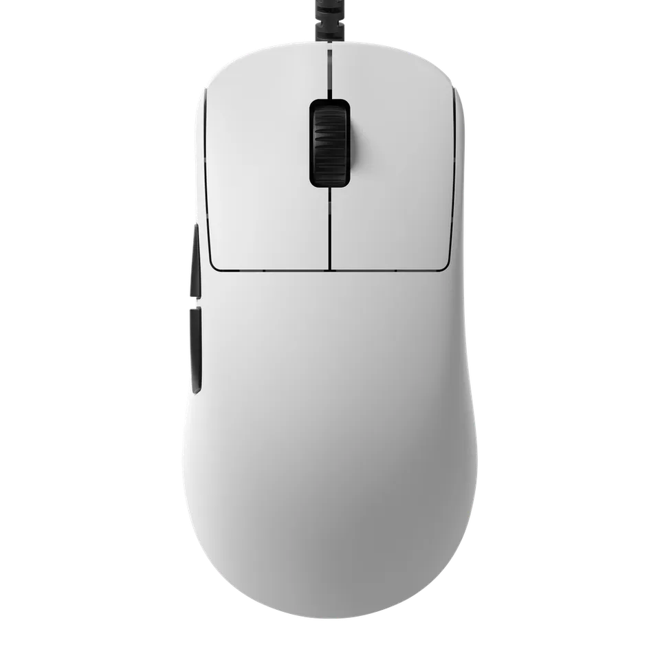 White ENDGAME GEAR OP1 8k v2 wired gaming mouse, viewed from above with the cable extending through the top edge.